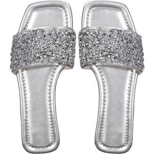 GORGLITTER Women's Sparkly Jeweled Flat Sandals Dressy Open Toe Glitter Shiny Slippers Slip-on Shoes, Size 8