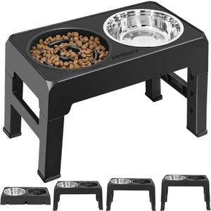 URPOWER Raised Slow Feeder Dog Bowls 4 Height Adjustable Elevated Bowl Stand with Stainless Steel Water Bowl and Slow Feeder Non-Slip Dog Food Bowls Stand for Small Medium Large Dogs and Pets (Black)