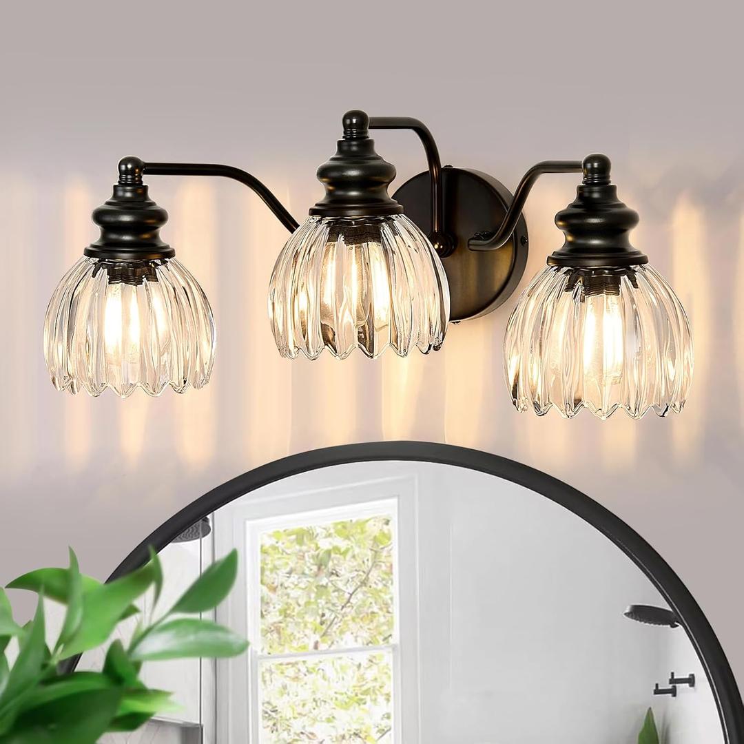 Piepooye Modern Bathroom Light Fixtures 3 Lights Black Vanity Light with Glass LampShade E26 Bulb Indoor Vanity Light Over Mirror for Bedroom Farmhouse Kitchen