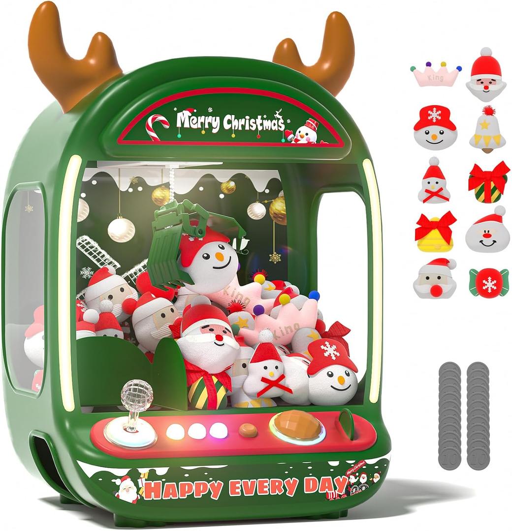 Skirfy Christmas Claw Machine for Kids, Holiday Toys for Girls Age 6+, Mini Arcade Game Vending Machine with Plush Toys and Candy Dispenser, Festive Claw Game Machine, for Girls (Xmas Green)