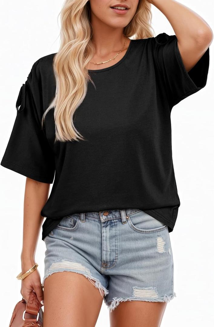 Dokotoo Women's Casual Summer Tops Crew Neck Short Sleeve Drawstring T Shirts Basic Tee Tunic Blouses (Black, XL)