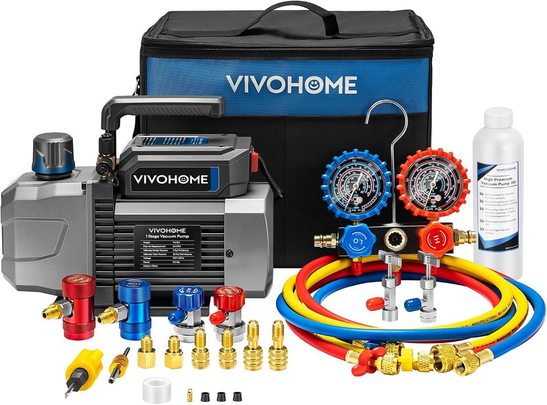 VIVOHOME A2L AC Vacuum Pump and Manifold Gauge Set, 1/4 HP 3.5CFM Single Stage HVAC Vacuum Pump Kit with 5ft Hoses, Sparkless Motor for R454B R32 R1234yf R134a R22 R410a Car Mini Split Systems