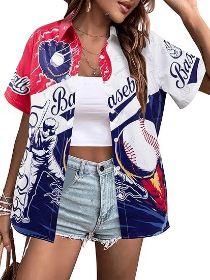 VILOVE Baseball Shirt Women Baseball Hawaiian Shirts Funny Baseball Jersey Game Day Fans Gifts Short Sleeve Button Up Tops, Size: XL
