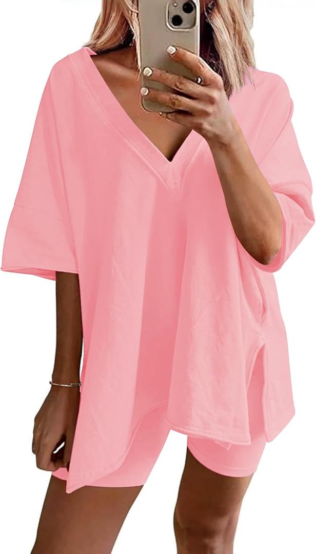 Ekouaer Womens Pajamas 2 Piece Lounge Sets Oversized V Neck T-Shirts Tops Biker Shorts Set Workout Reversible Tracksuit S-XXL (S, Orange Pink)
