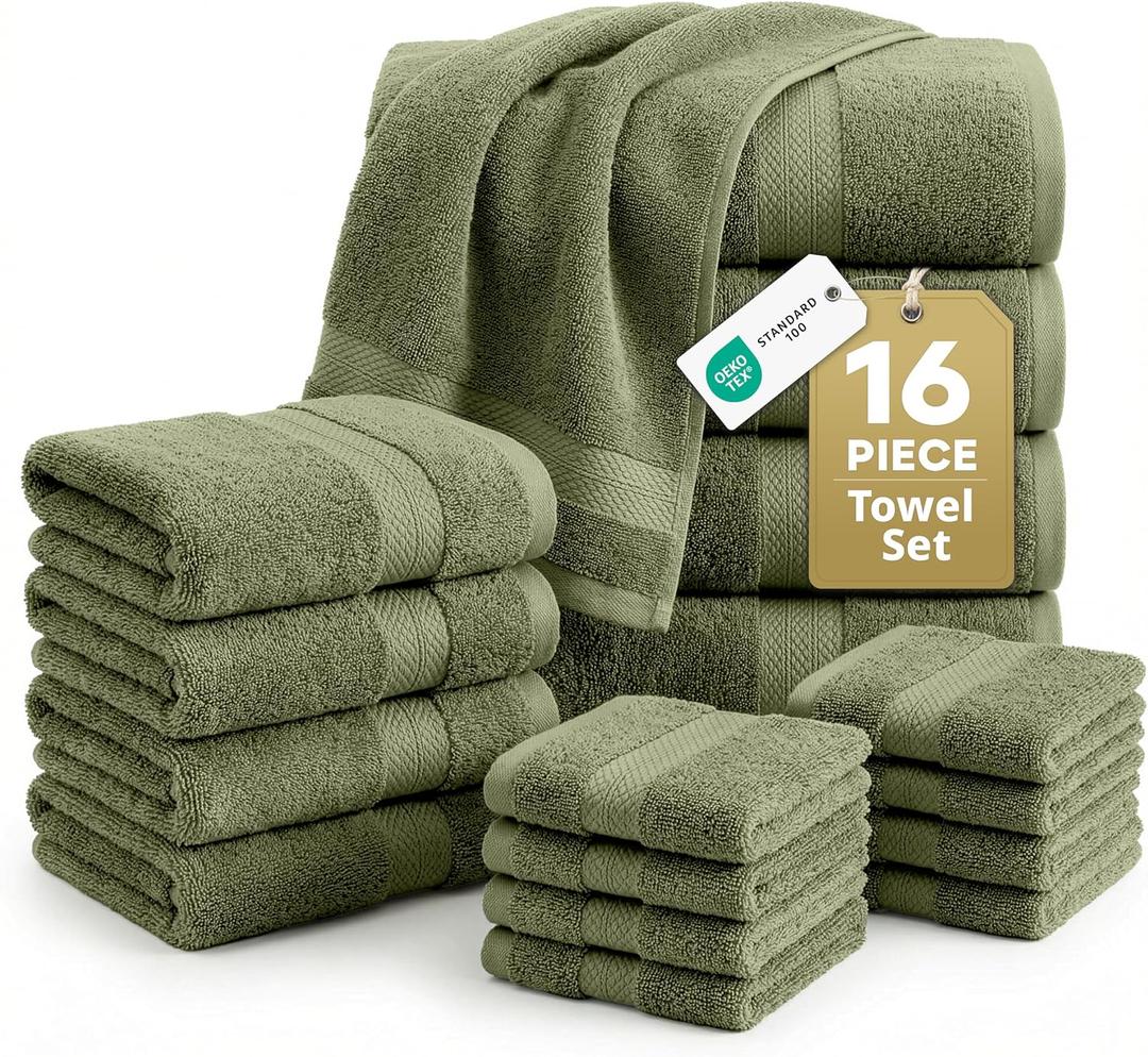 LANE LINEN Luxury Cotton Bath Towel Pack of 16 - Softer, Highly Absorbent & Durable - 4 Bath, 8 Wash cloths, 4 Hand Towels for Bathroom - Premium Look, Spa Quality, Solid Dyed Towels - Oil Green, 16 Piece Towel Set