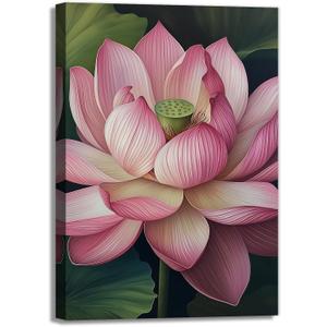 OAAPITI Zen Canvas Wall Art Pink Lotus Picture Print Water Lily Bloom Art Painting Poster Meditation Spiritual Room Decor Artwork Frame(Artwork-1,16"x24")