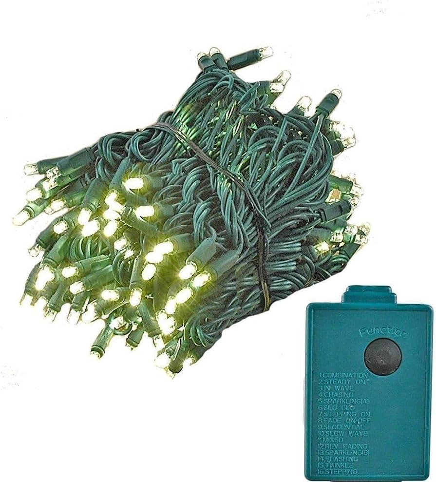 Novelty Lights 46.5 Feet 140 Light LED Chasing Christmas String, 16 Function Controller, Warm White on Green Wire, UL Listed for Indoor/Outdoor Use