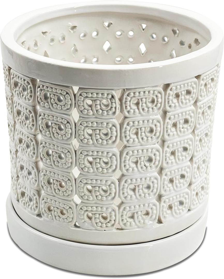 DESQUIGGLE White Ceramic Orchid Planter, 6 Inches Wide, Large Orchid Pots with Holes for Indoors Or Outdoors with Swirl Cut Out Pattern, Orchid Gifts