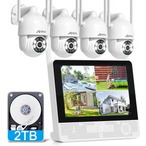 ANRAN Wireless Security Camera System, 10.5" 4K Monitor with 4x5MP PTZ WiFi-6 Camera, Auto-Tracking, 2-Way Audio, Human/Vehicle/Pet/Parcel Detection, 8CH NVR with 2TB HDD, No Monthly Fee