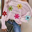Cakulo Womens Off Shoulder Sweater Top Fall Outfits 2025 Oversized Knit Batwing Long Sleeve Crochet Sweaters Flower Pink Small