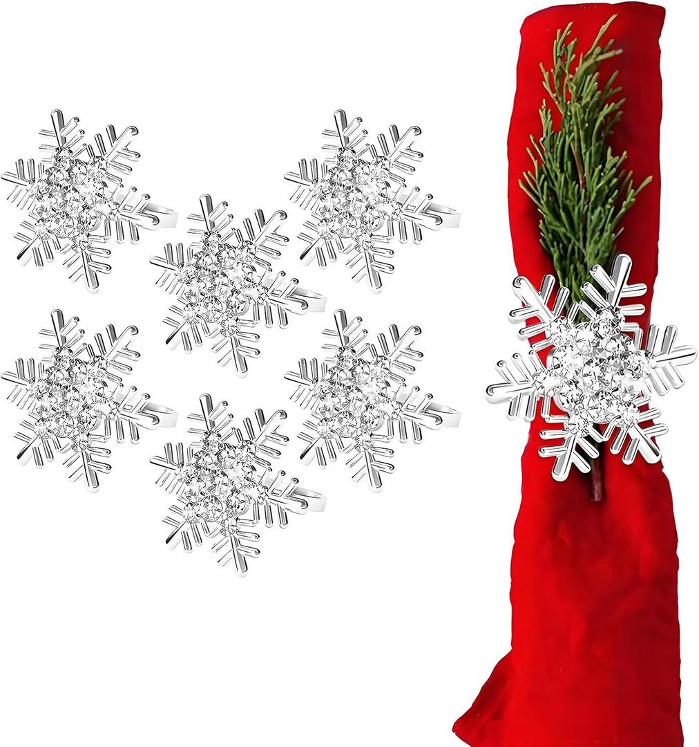 Christmas Silver Napkin Rings Set of 6, Metal Winter Snowflake Napkin Holders Wedding Dinner Home Table Decors Winter Decorations Christmas Decors
