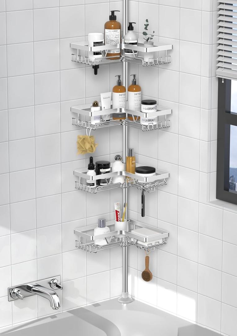 Daoun 4-Tier Shower Caddy/Shower Organizer - Corner Standing Tension Pole Adjustable 25-114.2 inches Built in 2 Soap Holder Rustproof Silver Finish