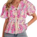 Cicy Bell Summer Babydoll Peplum Tops V Neck Puff Sleeve Bow Floral Shirts (L)