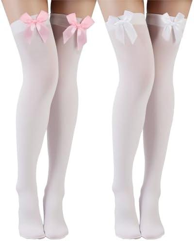 Preboun Oktoberfest Socks for Women Satin Thigh High Stockings over Knee Bow Socks for Princess Dress Halloween Cosplay Party 2 Piece