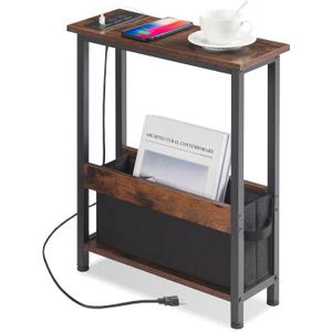 Slim Charging End Table with Storage - For Small Spaces and Bedroom, Rustic Brown