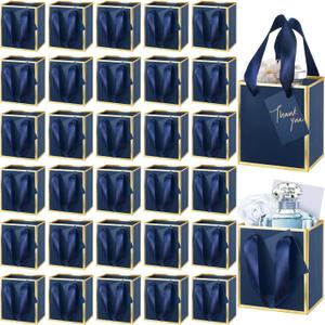 Yeaqee 25 Pcs Mini Metallic Paper Gift Bags with Handles 4x2.75x4.5'' Tiny Small Gift Bags with Thank You Tag for Wedding Graduation Birthday Party Return Gifts Jewelry Business (Navy Blue, Gold)