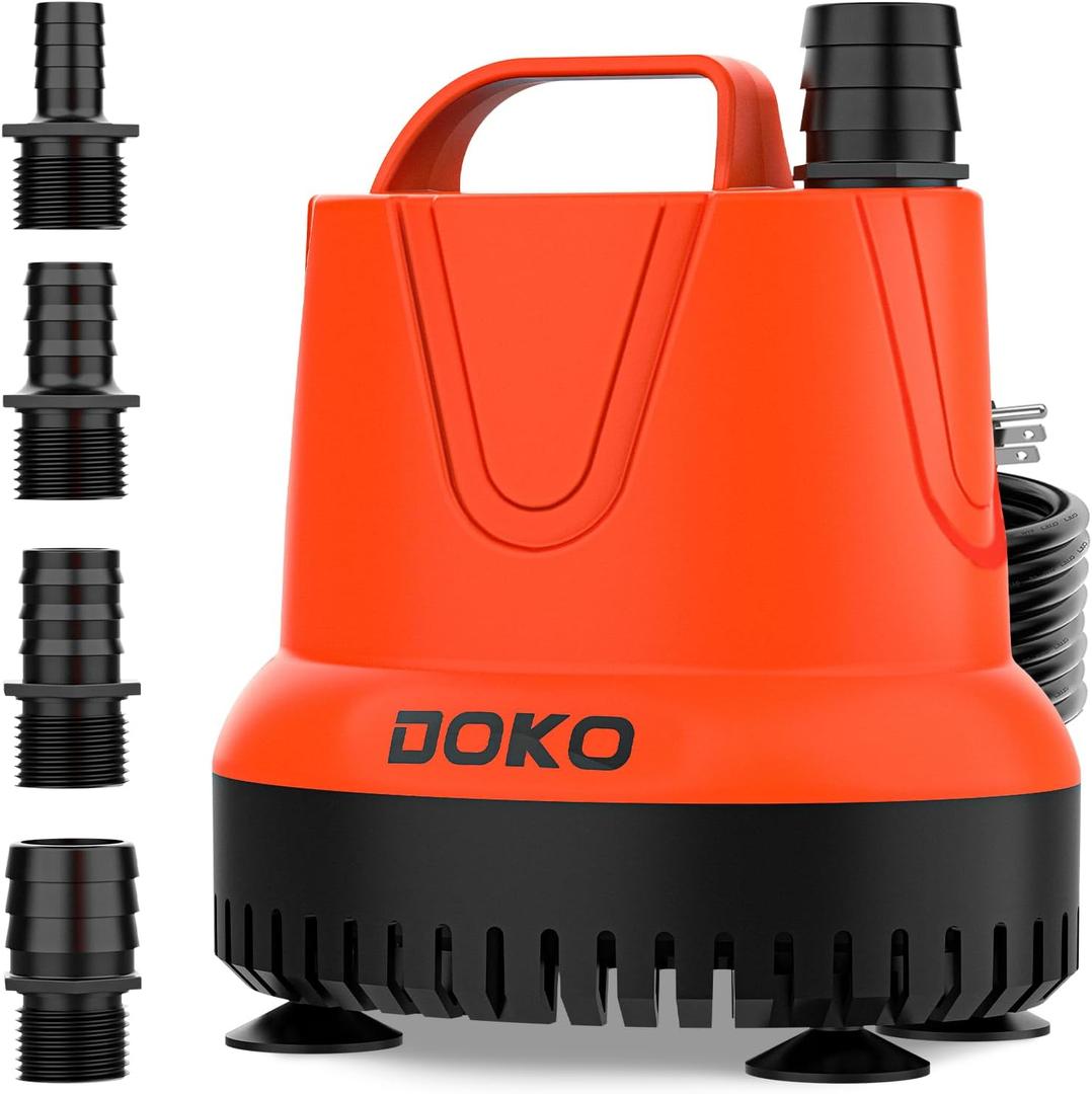 DOKO 1150GPH Submersible Water Pump, 100W Pond Pump with 11FT Lift Height, Ultra Quiet Small Pump with Handle & 6FT Power Cord for Fish Tank, Ponds, Aquarium, Waterfalls, Hydroponics, 4 Nozzles