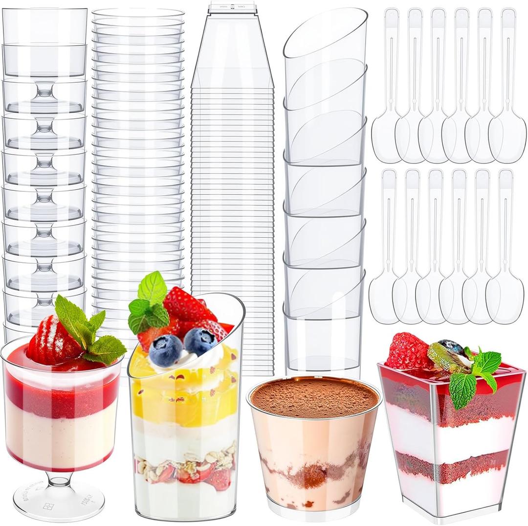 Funnymoom 300 Pack Clear Mini Plastic Dessert Cups with Spoons 5oz 3oz Square Slanted Parfait Appetizer Shooter Round Goblet for Birthday Party Dessert Table Pudding Ice Cream Fruit Cake Yogurt (Transparent)