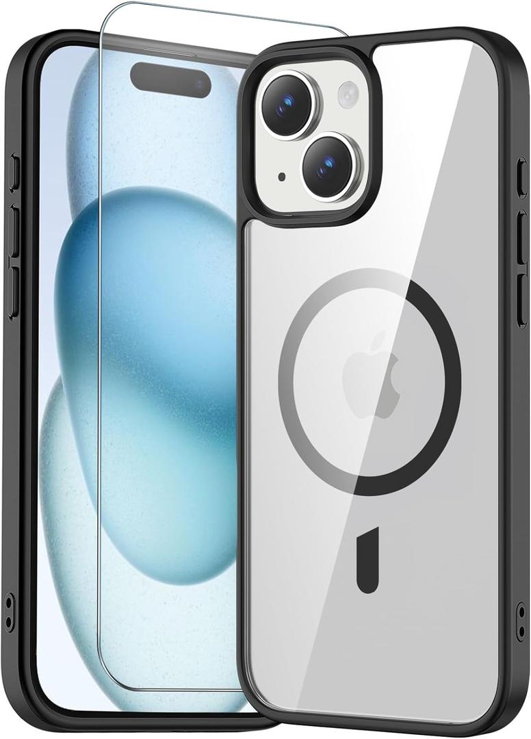 Temdan for iPhone 14 Plus & iPhone 15 Plus Case Clear with Screen Protector, Compatible with Magsafe, Anti-Yellowing, Military-Grade Protection, Shockproof Slim Magnetic Phone Case Cover, Clear Black