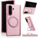 Genuine Leather Case for Samsung Galaxy Z Fold 7, Slim MagSafe Compatible Cover with Hinge Protection, Military-Grade Drop Protection, 360° Rotating Magnetic Kickstand (Pink(Pink Trim))