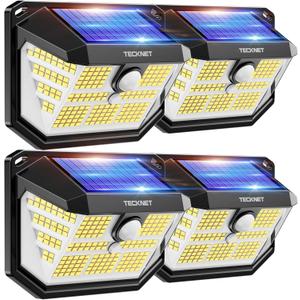 TECKNET 231 LED Solar Motion Lights Outdoor, 4 Pack 300 Security Wall Lights with 3 Lighting Modes IP65 Waterproof PIR Motion Sensor for Outside Fence Garden Yard Deck Garage  Cool White