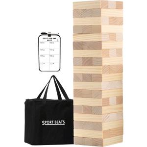 Outdoor Games Giant Tower Stacking Game Stack to 5 Ft Tall Includes 54 Blocks Carry Bag and Scoreboard - for Backyard,Beach,Lawn,Tailgates (Natural)