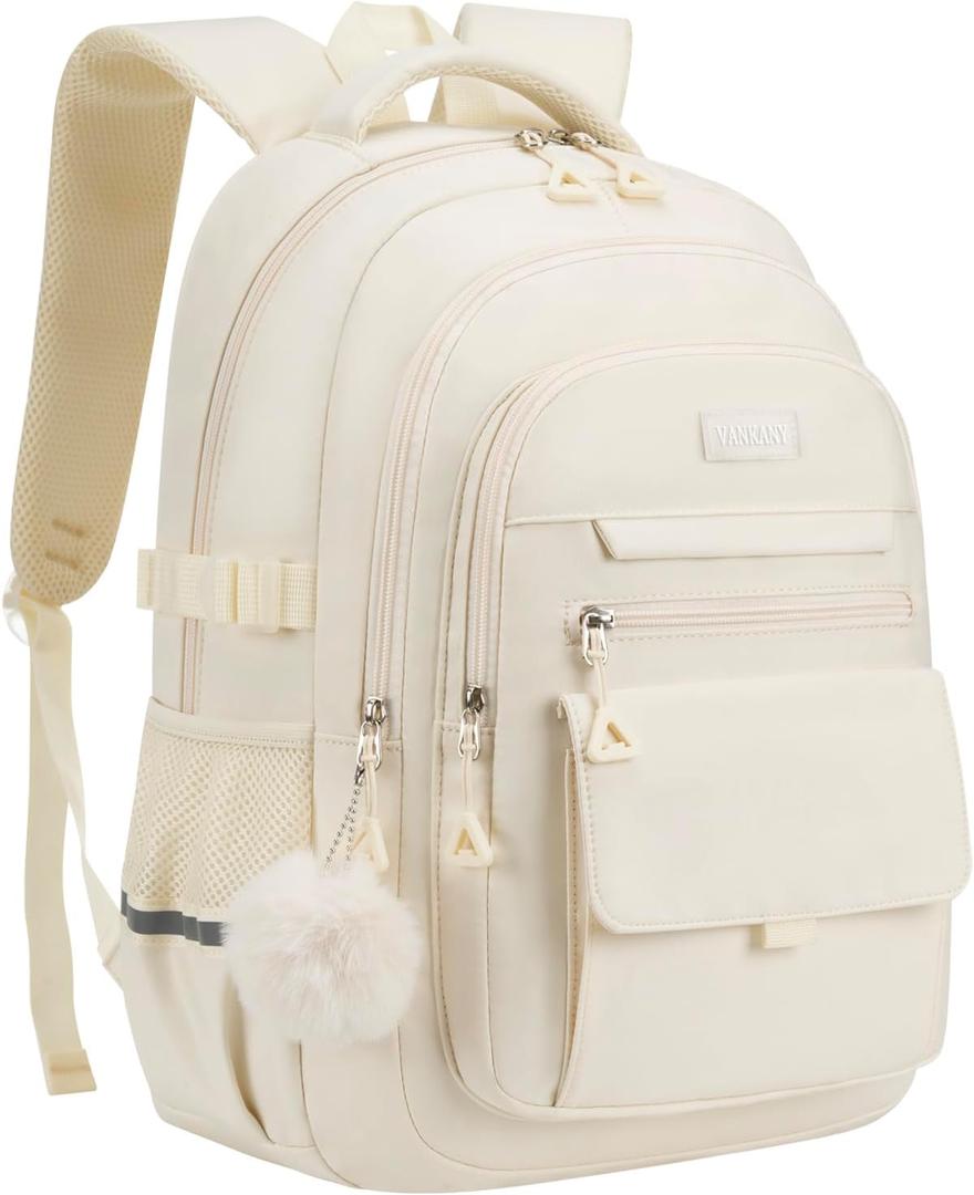 Cute Teen Girls Backpack, Big Student School Backpack Laptop Bookbag for College Women Aesthetic Middle High School Bag, Mochilas Escolares, Beige (15.6in)
