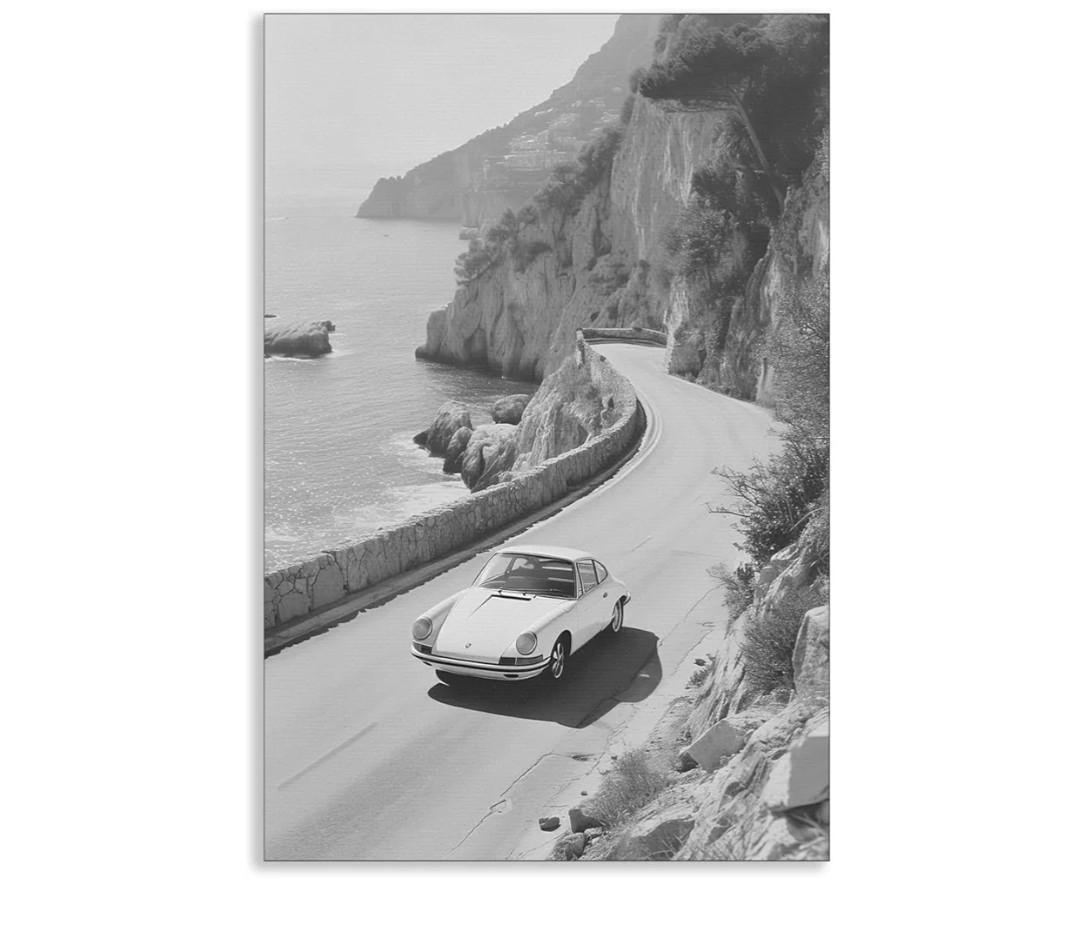 xbsifyiooa Black and White Photography Canvas Wall Art, Car Driving In Amalfi Coast Poster, Vintage Italy Coastal Travel Photo Print, Classic Car Picture for European Road Adventures 12x16in Unframed