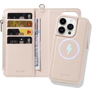 Detachable Wallet Case for iPhone 15 Pro Max,PU Leather Cover, Compatible with MagSafe, RFID Protection, Zippered Pouch, & Wrist Strap, 4 Cards Holder case for iPhone 15 pro max 6.7"-Beige