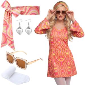 Janmercy 5 Pcs 70s Disco Outfit for Women Hippie Costumes Accessories 70s 80s Halloween Decades Party Cosplay, Large