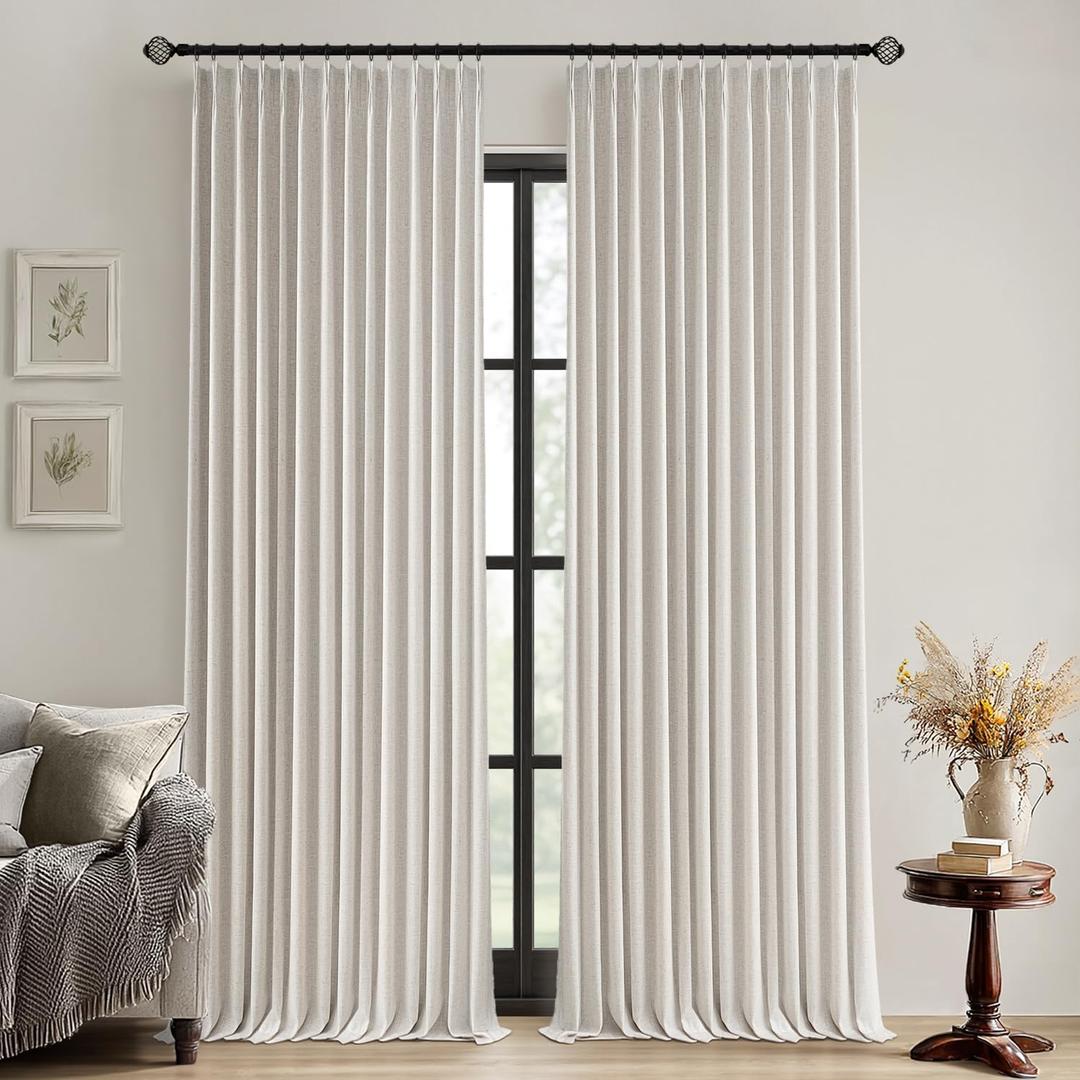 MIULEE Birch Pinch Pleated 100% Blackout Linen Curtains 96 Inch Length 2 Panels Set, Pleat Curtains with Pin Hooks, Black Out Light Blocking Room Darkening Drapes for Bedroom Living Room Window