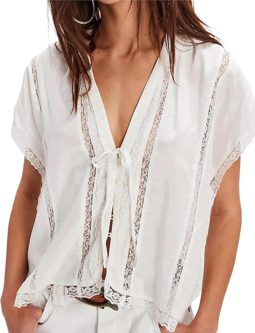 Women Boho Crop Lace Tie Front Tank Summer Vacation Top Button Down Short Sleeve Beach Shirt Y2k Tops Clothes 2026 (White)