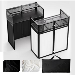 Portable DJ Booth Table,Foldable DJ Table Stand with White & Black Scrim,Adjustable DJ Facade Booth Station Metal Frame with Cable Hole for Private Events, Clubs, Bars (40x20 Double Deck)