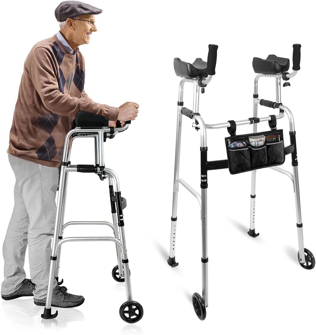 Stand Up Walker for Seniors & Elderly with 6" Bearing Wheels - Dual Mode Platform Walker, Height Adjustable Frame with Arm Support & Storage Bag, Foldable Lightweight Aluminum Upright Mobility Aid