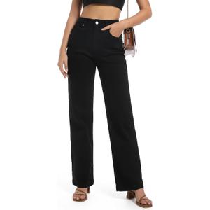 Women's Jeans High Waisted Straight Leg Stretchy Jeans Trendy Wide Leg Tummy Control Loose Casual Denim Pants (8, Black)