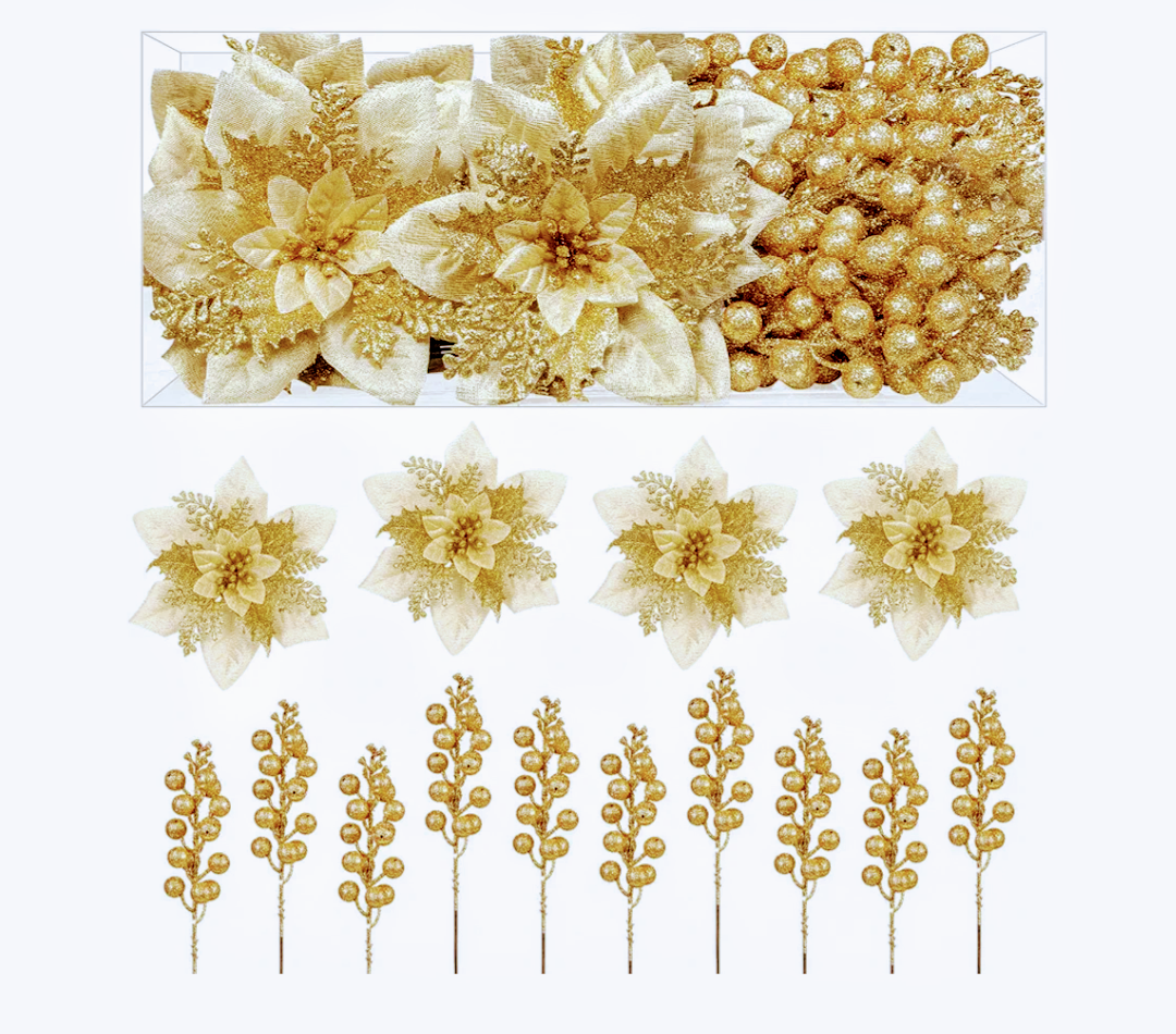 Alupssuc 24 Pieces Christmas Tree Decorations, 12 PCS Gold Poinsettia Flowers Artificial and 12 PCS Glitter Christmas Tree Picks for Christmas Decorations Party Wreath Fireplace Stairs, Gold