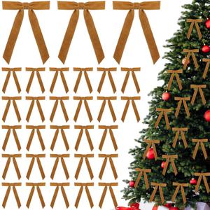 30 Pcs Christmas Velvet Wreath Bows, 5 x 7 Inch Vintage Velvet Ribbon Rustic Crafts Gift Bows for Indoor Outdoor Wreaths Garland Holiday Xmas Tree Wrapping Crafts (Khaki, Width of 1")