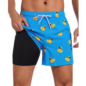 Aueyan Funny Swim Trunks for Men,Mens Swim Shorts Blue Bathing Suit Duck Printed Swimming Trunks Fun Swimsuit Short 5 inch Inseam Board Shorts with Pockets and Mesh Lining,Small