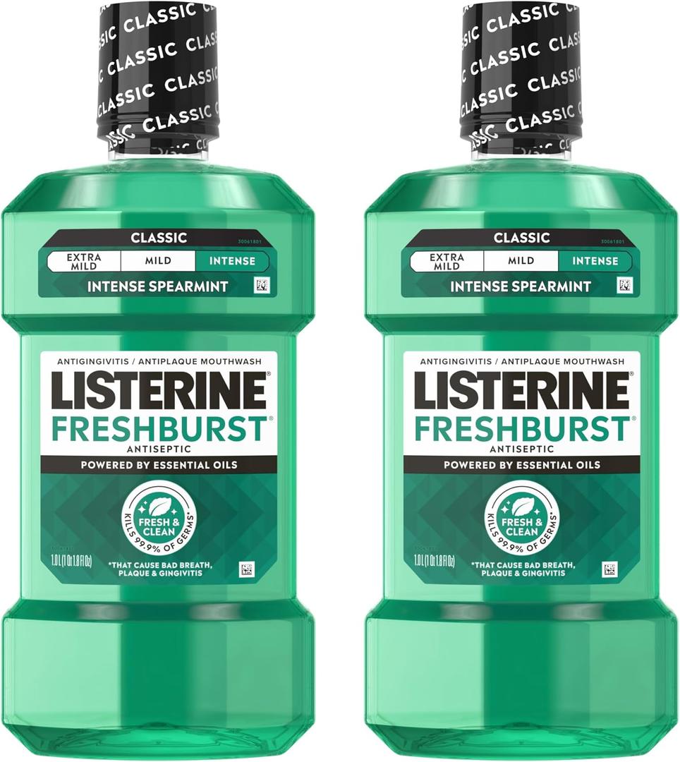Listerine Freshburst Antiseptic Mouthwash, Spearmint, 33.8 fl. oz/1L x 2
Kills 99.9% of Germs That Cause Bad Breath, Fights Plaque & Gingivitis, ADA Accepted Oral Rinse, Intense Spearmint Flavor