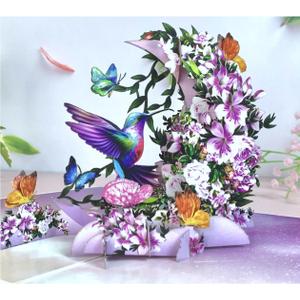 Humming Bird Pop Up Card, 19.5 Inch Real Sized Display 3D Valentine Greeting Card, Paper Flower Bouquet, Gift for Valentines Day, Birthday, Mothers Day, Includes Envelope & Message Note
