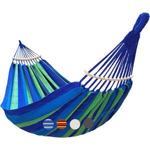 Double Hammock 2 Person Extra Large 220x160cm Total Length 330cm Load 500lb Canvas Cotton Hammock for Patio Porch Garden Backyard Lounging Outdoor and Indoor with Removable Spreader bar (Blue Stripe)