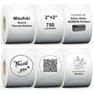 Misofuki 2" 6 Rolls 4500 Labels White Circle Direct Thermal Stickers Labels Rolls Compatible with Zebra, Rollo, MUNBYN, Self-Adhesive Round Direct Thermal Labels