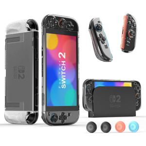 Upgrade Protective Case Compatible with Nintendo Switch 2, Transparent Protective for Nintendo Switch 2 (2025) with TPU Grip Cover Case and Thumb Caps, Shock-Absorption and Anti-Scratch Design