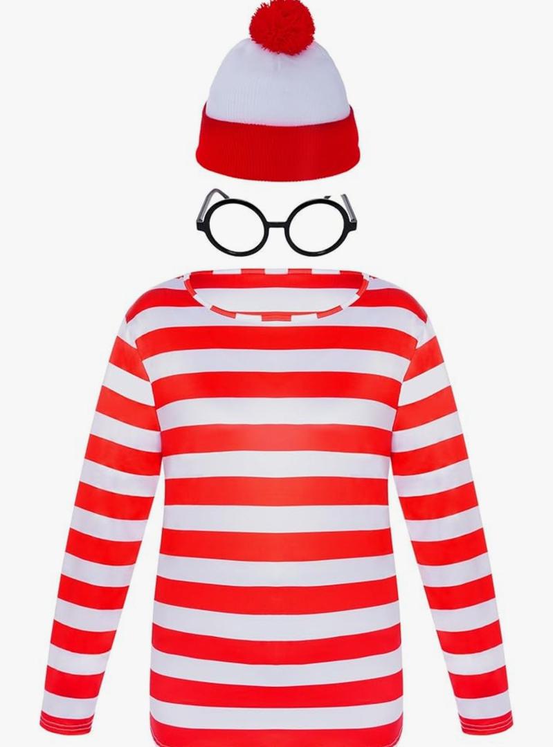 Yolyoo Adult Men Red and White Striped Tee Long Sleeve Shirt Glasses Hat Costume Set for Halloween Cosplay Party XXL