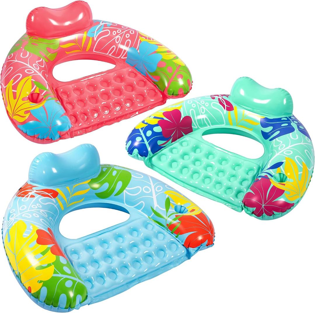 3 Pack Pool Floats Adult, SEETOHOME Inflatable Pool Float Chairs with Cup Holder, Pool Floaties for Adults, Lake Floats Perfect for Pool Lake River Beach Water Fun