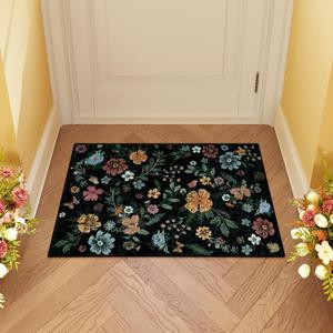 Floral Door Mat Indoor Entrance 2x3 Rug, Black Kitchen Rugs Non Slip Washable Boho Small Area Rugs for Entryway, Low-Pile Stain Resistant Throw Rugs for Entry, Front Door Bedroom