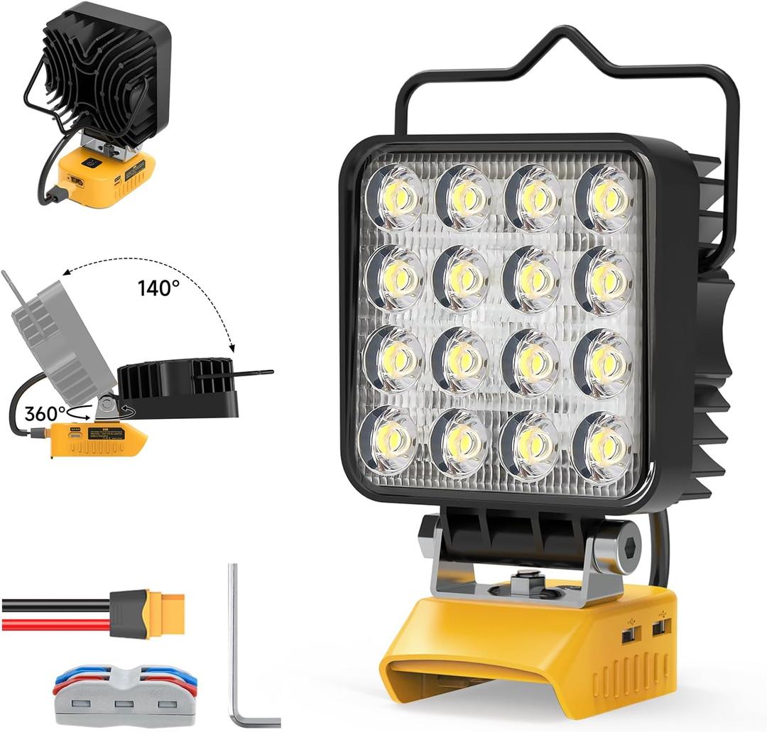 New Upgrade LED Work Light Compatible with Dewalt 20V Battery, 48W 4800LM Flashlight, 20V Battery Cordless Work Light with Low Voltage Protection & Dual USB & Type-C Charging Port (48W)