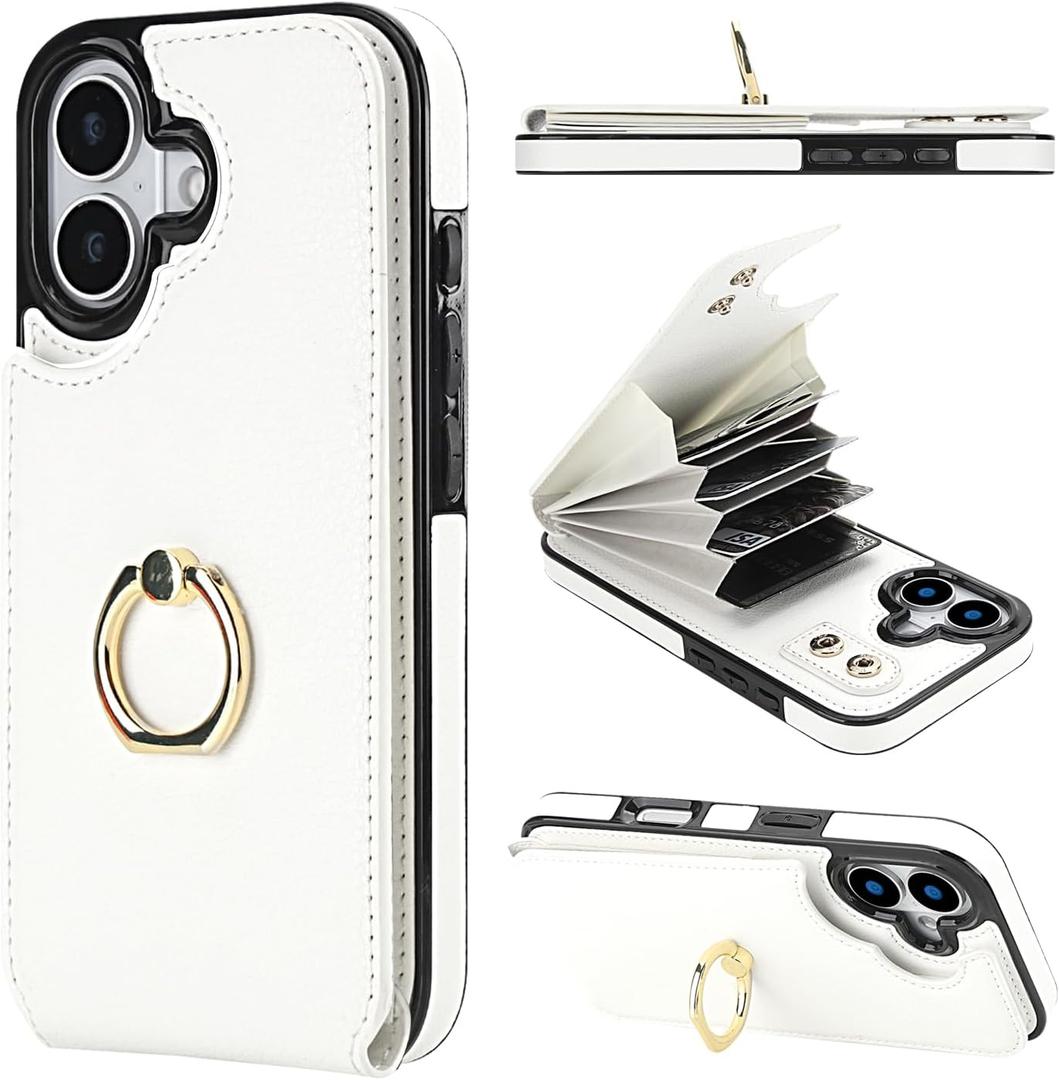Folosu Compatible with iPhone 17 Case Wallet with Card Holder, 360Rotation Finger Ring Holder Kickstand, RFID Blocking Leather Protective Double Buttons Shockproof Cover 6.3 Inch White