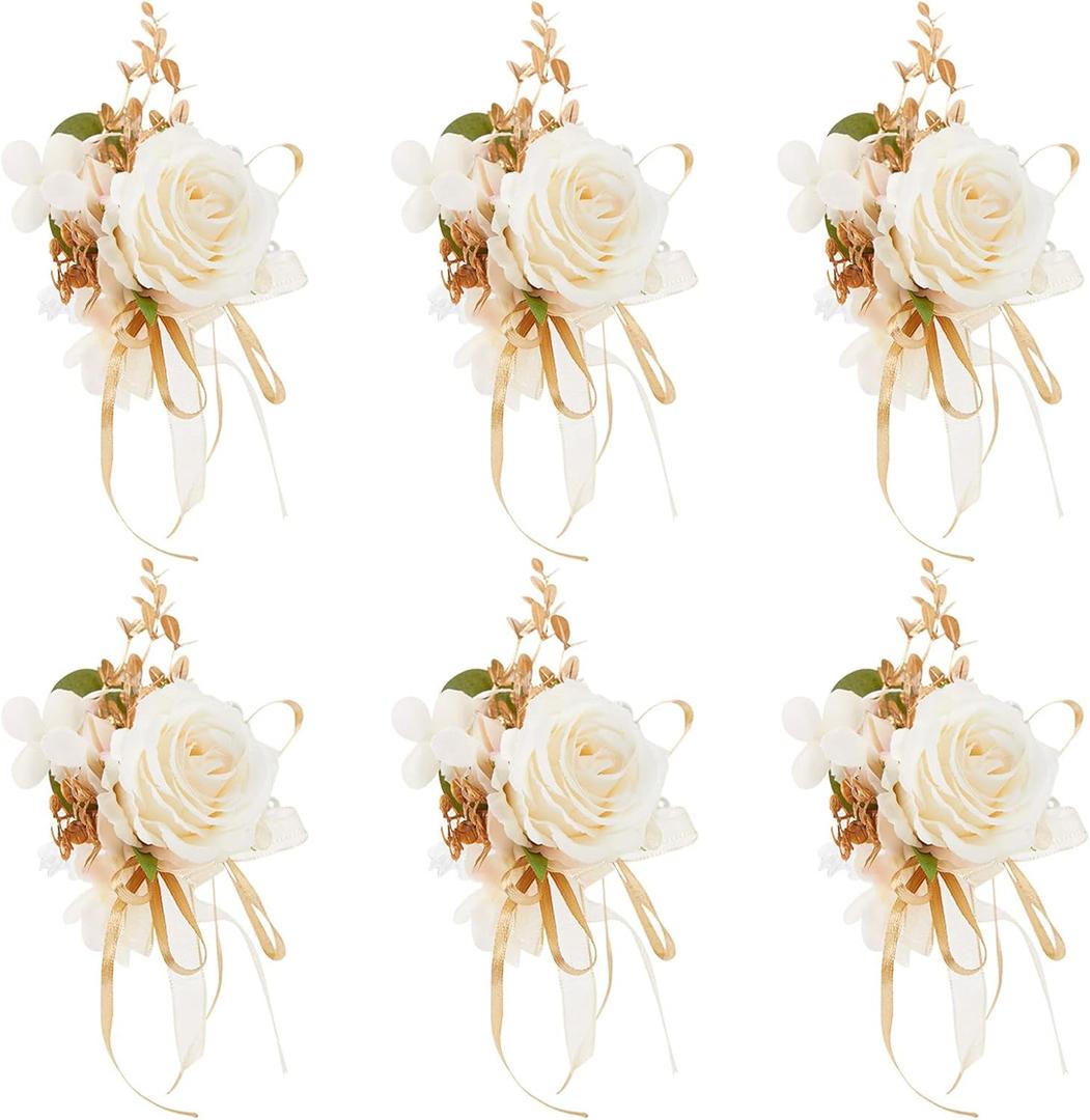 Rose Wrist Corsage for Girls Women Bride Bridesmaid, Set of 6, Champagne Hand Flower Wedding Artificial Flowers Accessories for Prom Party