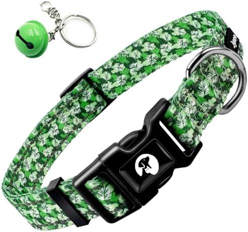 Jynco Reflective Dog Collar for Medium Dogs, Pink & Red & Green Floral Heart Paw Print Cute Dog Collar with Bell for Small Medium Large Dogs (M, Forest Emerald), Pack 4 Multicolor